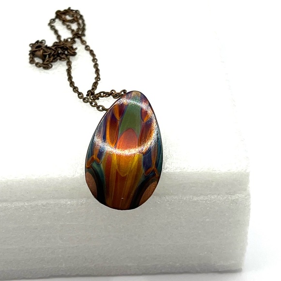 Copper Painted  Teardrop Pendant Necklace Artisan Made One of a kind Colorful - Picture 4 of 15